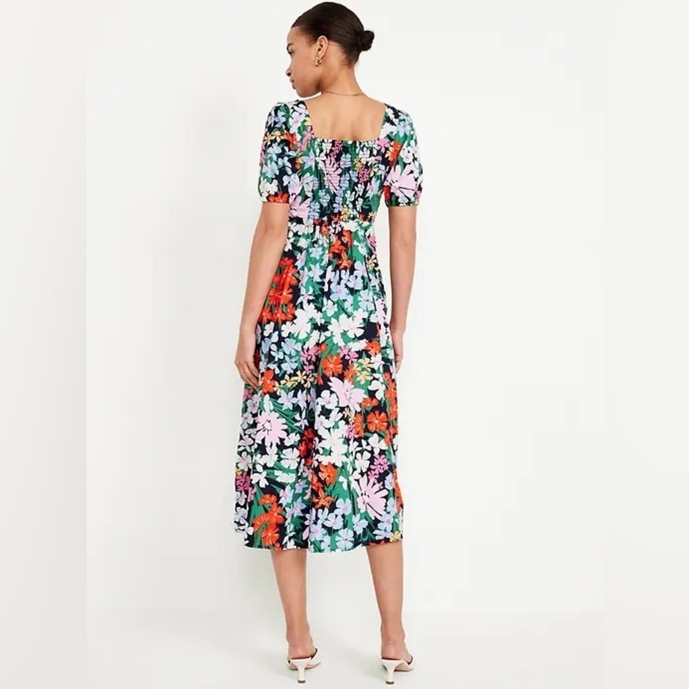 Old Navy Women's Medium Petite Puff Sleeve Midi Swing Dress Floral Multi Bright - Picture 16 of 16